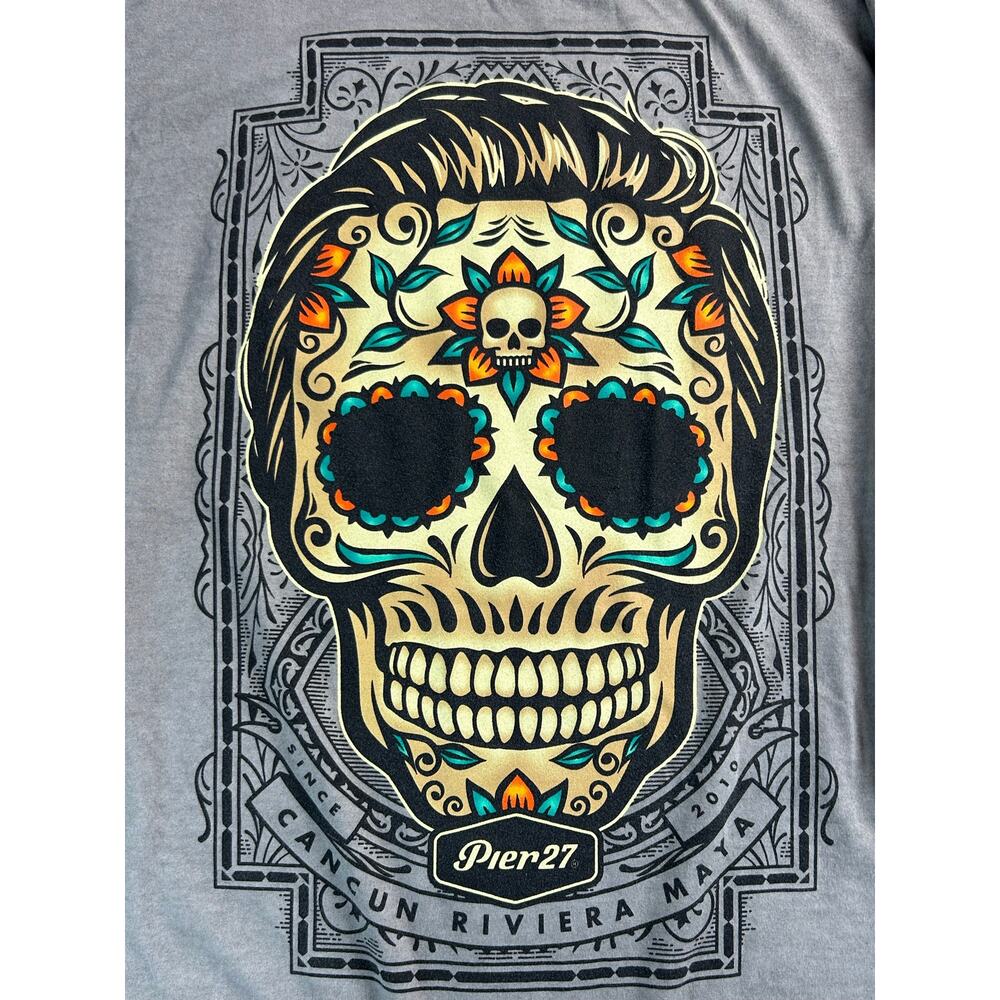 Pier27 Cancun Riviera Maya Sugar Skull Graphic T-Shirt Men's XL Gray - Picture 3 of 7